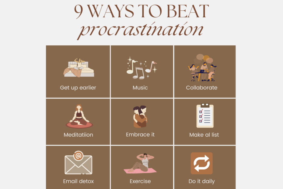 Infographic showcasing nine ways to beat procrastination, including getting up earlier, listening to music, collaborating, meditating, embracing procrastination, making lists, detoxing from emails, exercising, and daily habits.