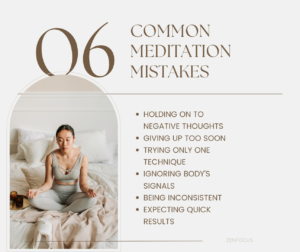 An infographic highlighting six common meditation mistakes, including holding on to negative thoughts and expecting quick results, with a serene image of a woman meditating on her bed.