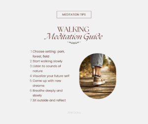 Infographic depicting steps for a walking meditation guide, featuring an image of a person walking on a wooden path in nature, highlighting steps like choosing a setting, listening to nature, and visualizing your future self.