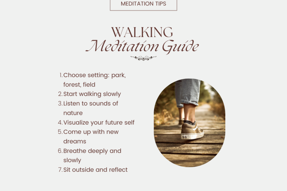 Infographic depicting steps for a walking meditation guide, featuring an image of a person walking on a wooden path in nature, highlighting steps like choosing a setting, listening to nature, and visualizing your future self.