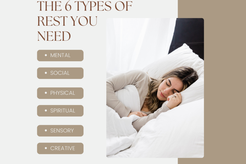 Infographic showing the six types of rest needed for overall well-being: mental, social, physical, spiritual, sensory, and creative, with an image of a woman resting peacefully in bed.