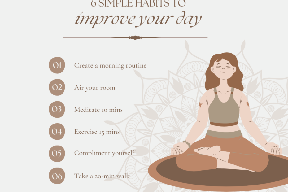 An infographic illustrating a woman meditating with a list of six habits to improve your day, including creating a morning routine, airing your room, meditating, exercising, complimenting yourself, and taking a walk.