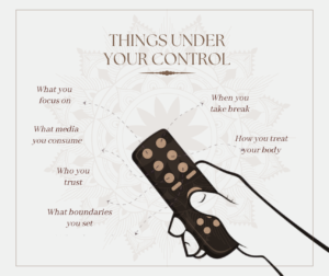 An infographic with a remote control design, illustrating various aspects of life you can control such as focus, media consumption, trust, setting boundaries, taking breaks, and treating your body well.