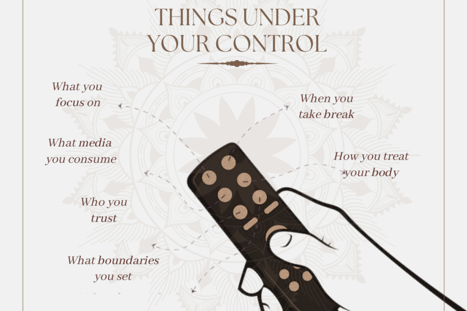 An infographic with a remote control design, illustrating various aspects of life you can control such as focus, media consumption, trust, setting boundaries, taking breaks, and treating your body well.