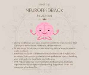 Illustration showing a cheerful pink brain character with arms and a smile, waving. The background includes a decorative mandala pattern. Text describes neurofeedback meditation, mentioning EEG brain monitoring, audio feedback, and benefits such as improved mental and physical well-being.