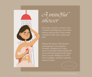 Illustration of a woman taking a mindful shower, visualizing stress washing away with the water, surrounded by text explaining the benefits of a mindful shower.