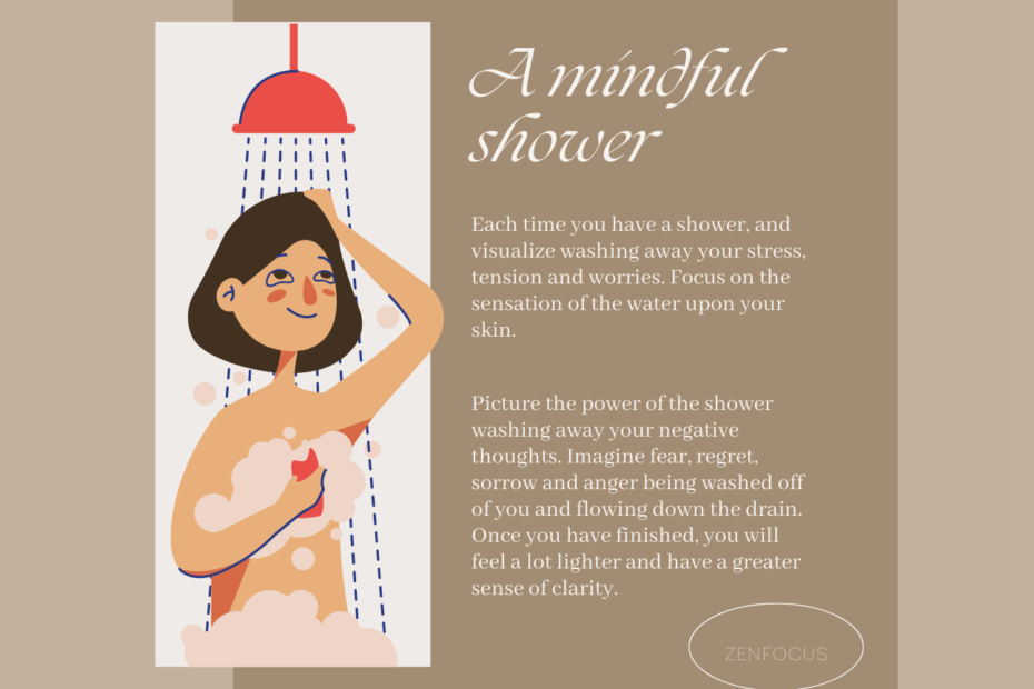 Illustration of a woman taking a mindful shower, visualizing stress washing away with the water, surrounded by text explaining the benefits of a mindful shower.