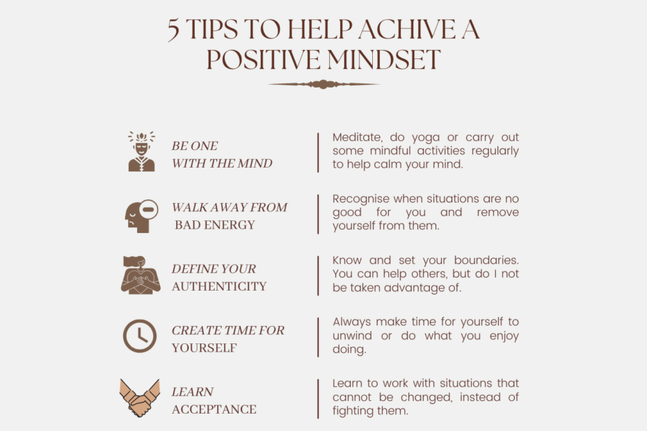 Infographic illustrating five tips to help achieve a positive mindset, including meditation, avoiding negative energy, defining authenticity, creating personal time, and learning acceptance.