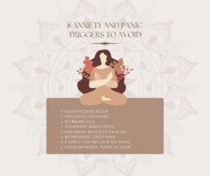 An infographic detailing eight common triggers of anxiety and panic, including insufficient sleep, negative thinking, and overcrowded places, illustrated with soothing colors and icons.