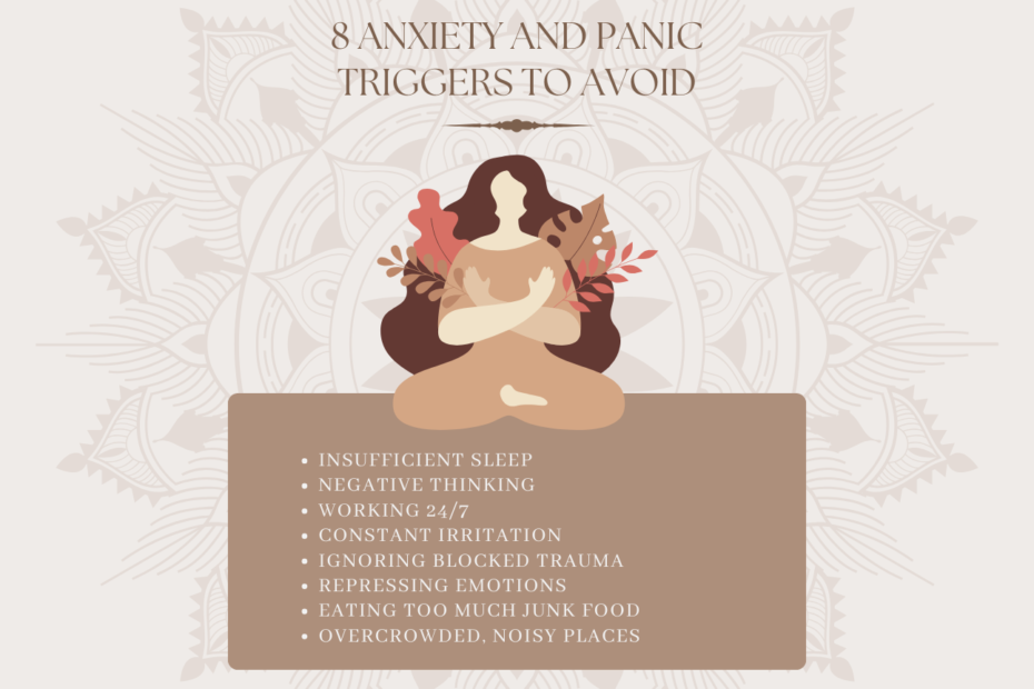An infographic detailing eight common triggers of anxiety and panic, including insufficient sleep, negative thinking, and overcrowded places, illustrated with soothing colors and icons.