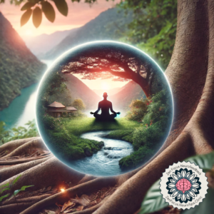 An image depicting a person in a meditative posture, seated outdoors in a tranquil natural setting, embodying the concepts of mindfulness and meditation.