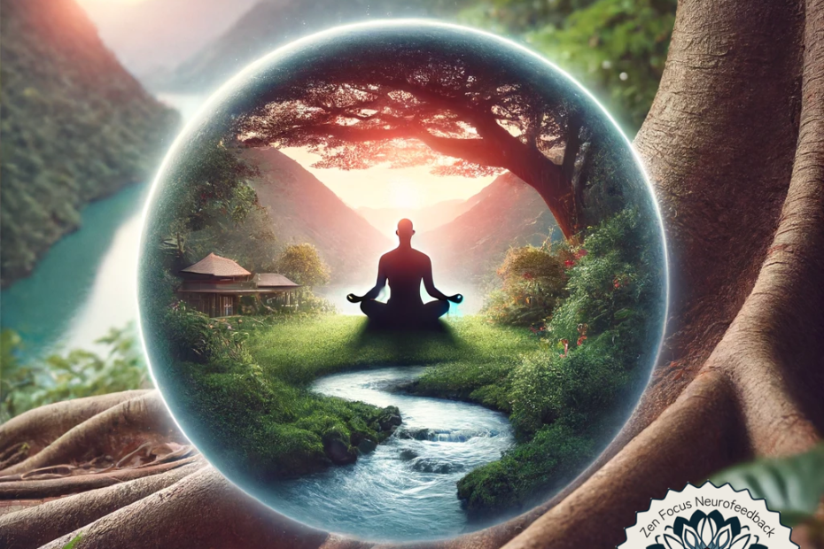 An image depicting a person in a meditative posture, seated outdoors in a tranquil natural setting, embodying the concepts of mindfulness and meditation.