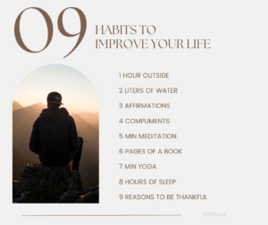 Person sitting on a mountaintop at sunrise, contemplating habits to improve their life.