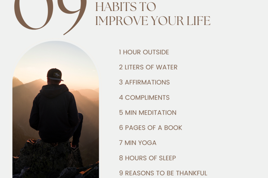 Person sitting on a mountaintop at sunrise, contemplating habits to improve their life.
