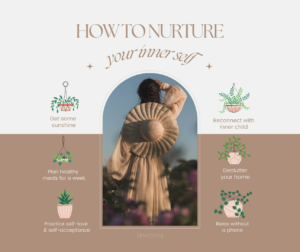 A serene image of a person wearing a wide-brimmed hat, standing in a field with their back to the camera, surrounded by soft, natural sunlight, representing inner peace and self-care. The image is flanked by icons of plants with brief self-care tips.