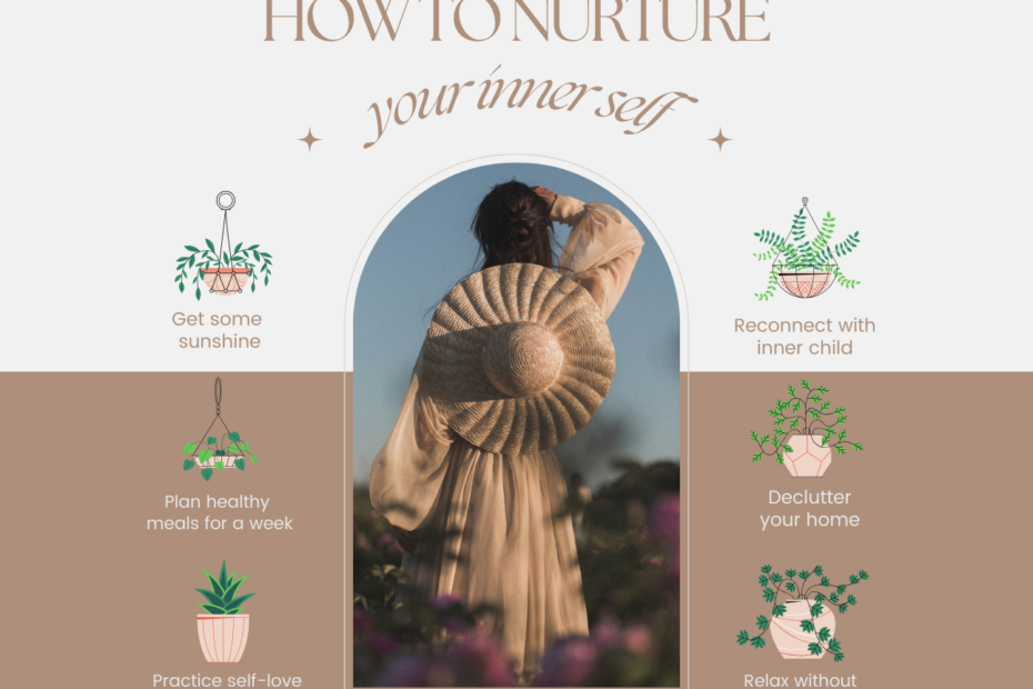 A serene image of a person wearing a wide-brimmed hat, standing in a field with their back to the camera, surrounded by soft, natural sunlight, representing inner peace and self-care. The image is flanked by icons of plants with brief self-care tips.